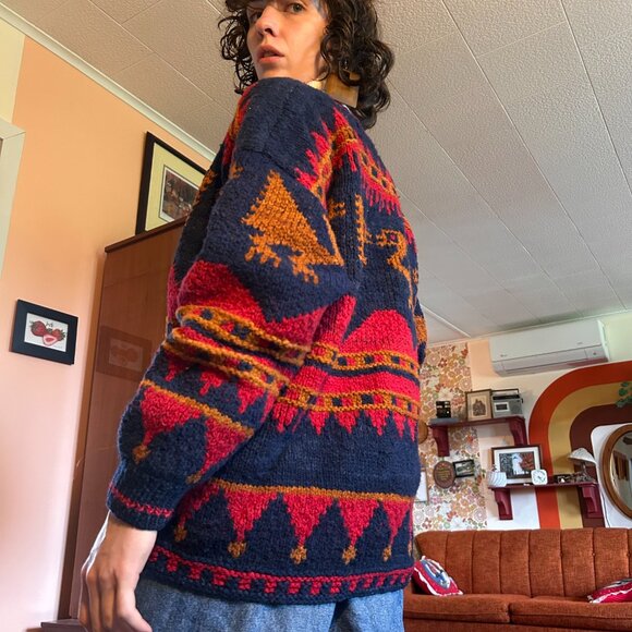 70s 80s 100% pure wool knitted red and blue cardigan - Toshy Made In Bolivia! - Picture 5 of 15